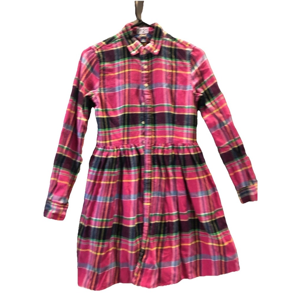 Polo Ralph Lauren Pink Plaid Flannel Dress Long Sleeve Button Front Kids size 14